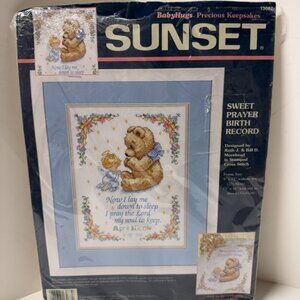 NEW Vintage Sunset Sweet Baby Prayer Birth Record Bear Angel Cross Stitch 13087